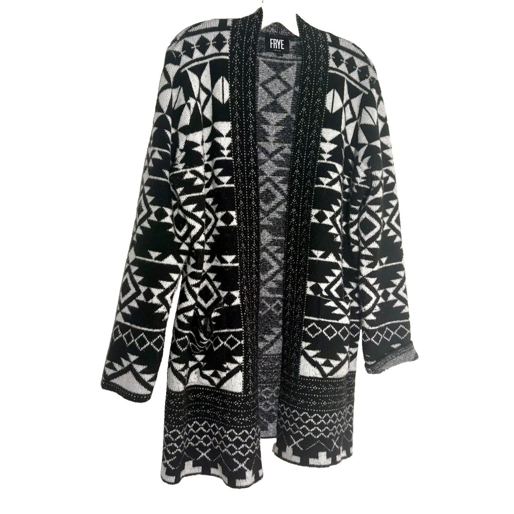 Frye Women's The Cozy Cardigan Black whiteopen Front M Southwestern Warm Casual